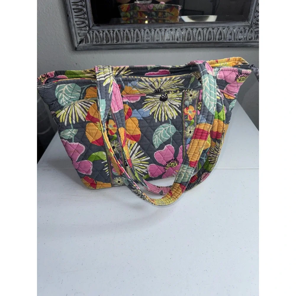 Vera Bradley Quilted Cotton Floral Tote Bag Grey Pink Yellow Shoulder Bag
